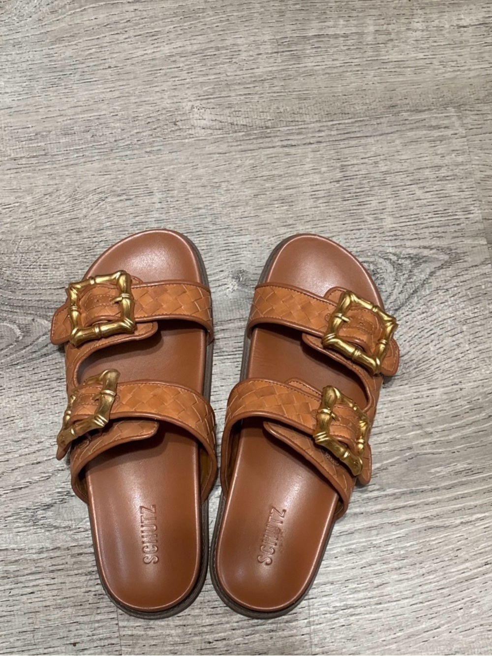 SCHUTZ Brown Braided Leather Slide Sandals with Gold Buckles